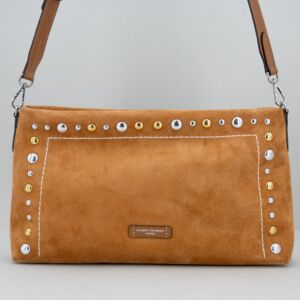 borsetta donna elegante in pelle scamosciata tracolla e borchie. Colore marrone chiaro
