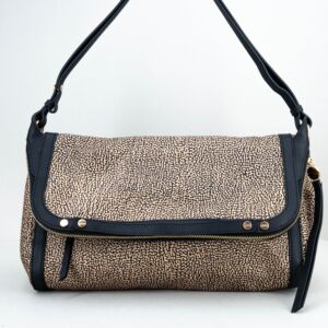 borsa donna colore marrone e nero con manici e tracolla, borsa elegante e pratica