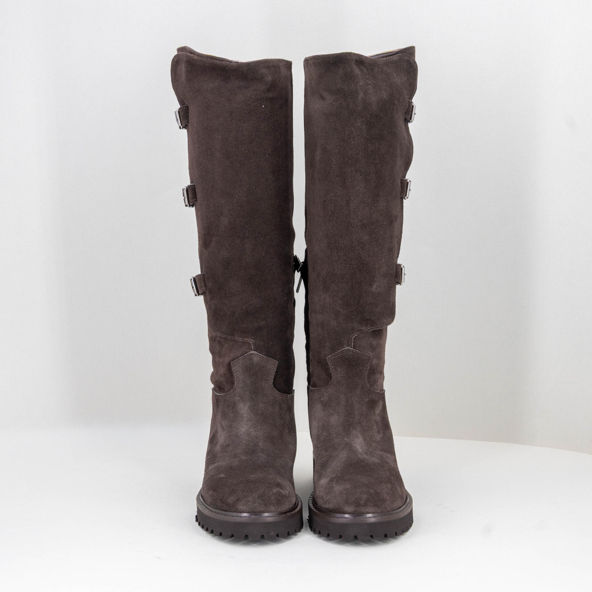 stivale donna in camoscio marrone con fibbie