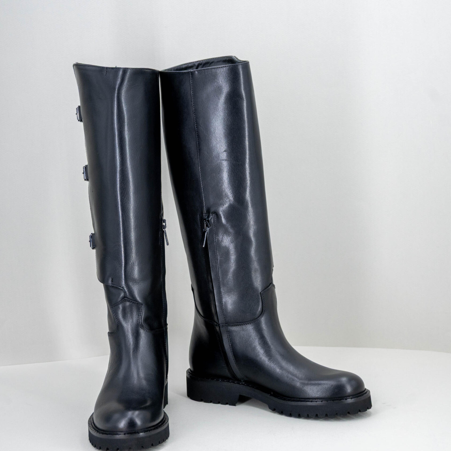 Stivale donna alto pelle nero con fibbie - immagine 2
