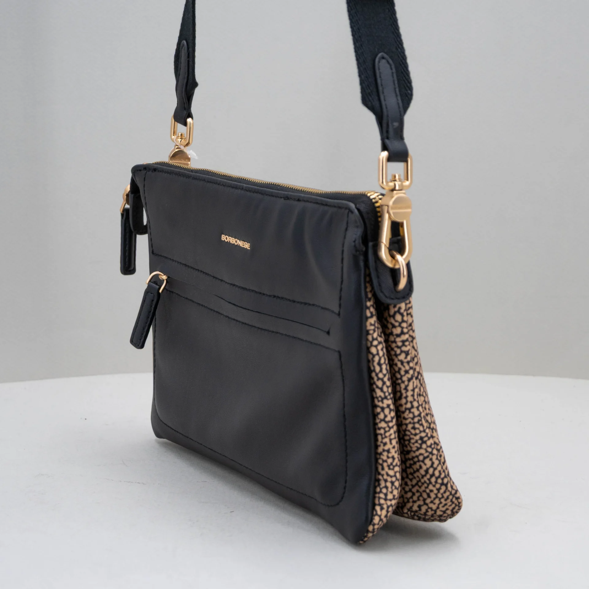 borsa donna piccola in nylon e pelle nera maculata