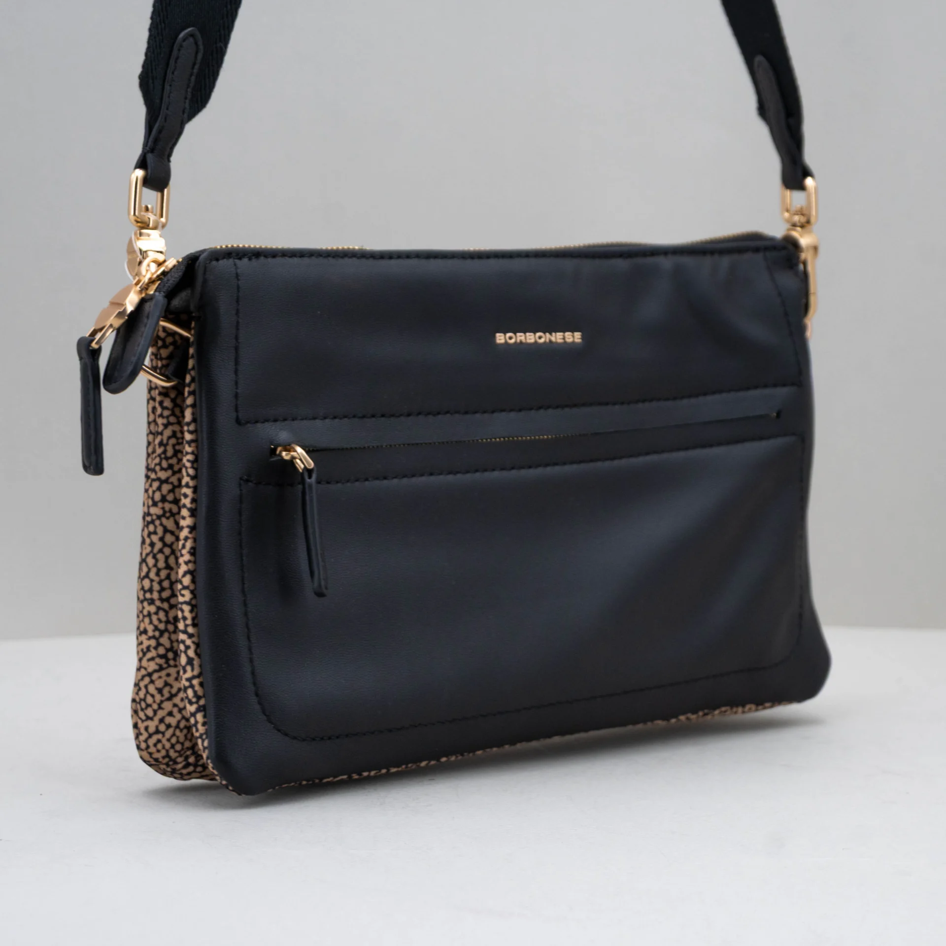 borsa donna piccola in nylon e pelle nera maculata