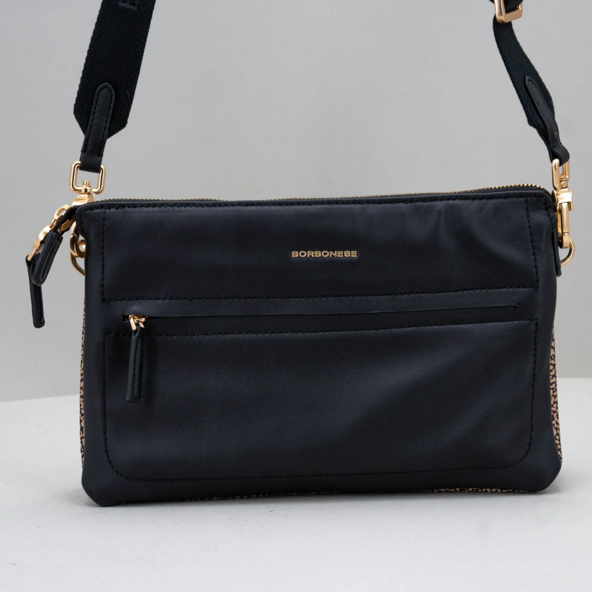 borsa donna piccola in nylon e pelle nera maculata