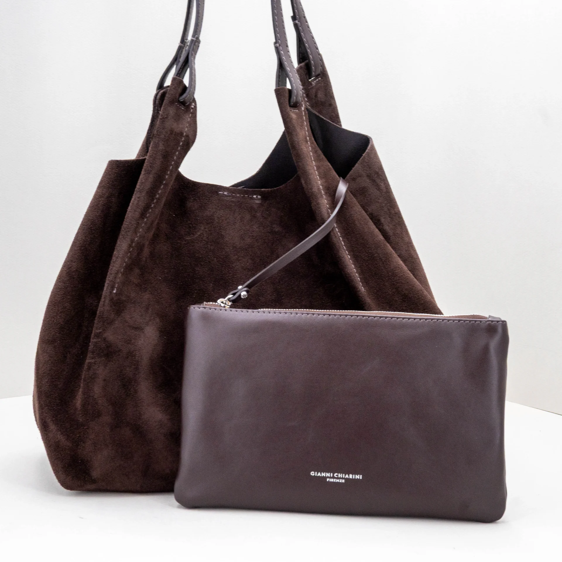 borsa donna a mano grande marrone scuro in camoscio