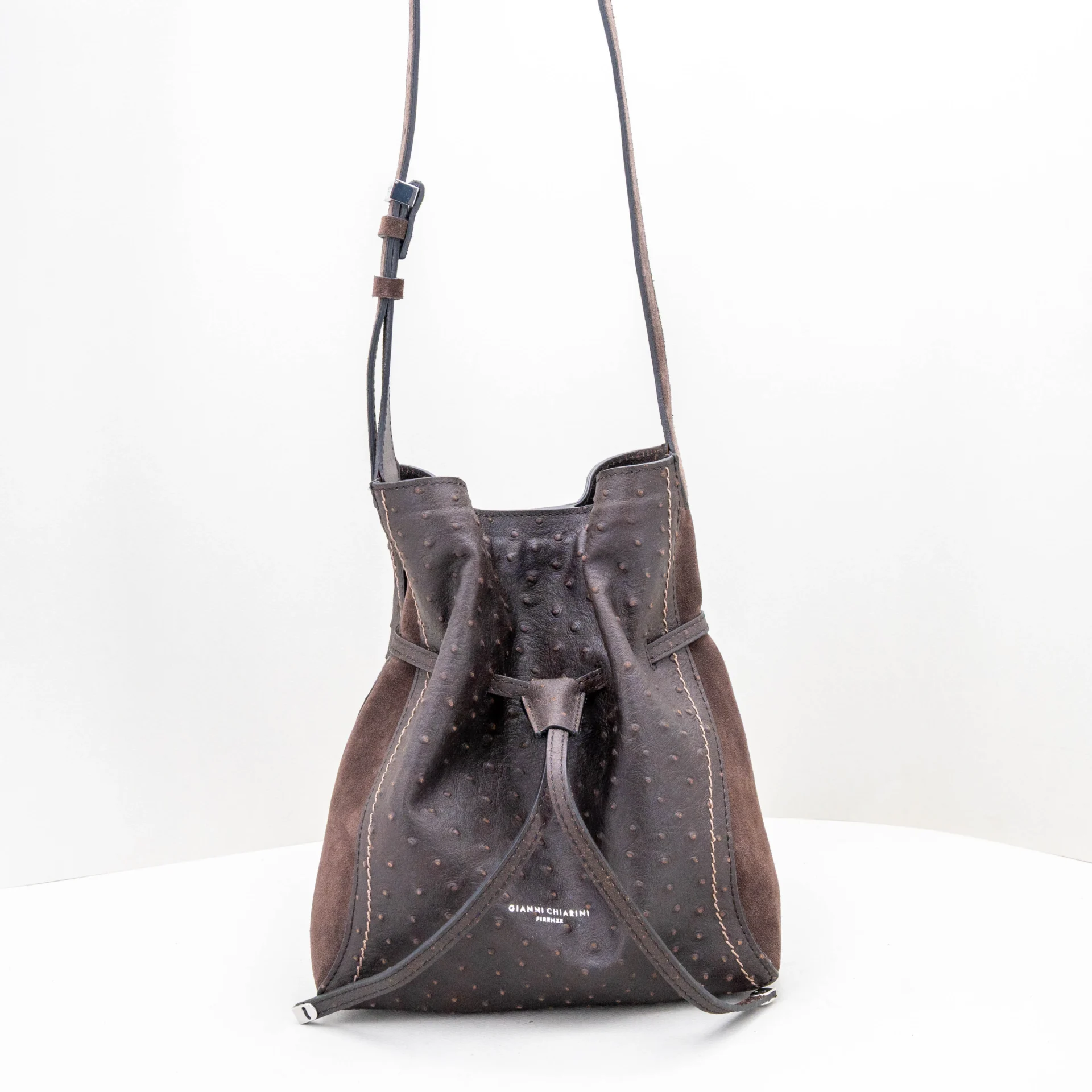 borsa donna secchiello in pelle e camoscio color marrone scuro