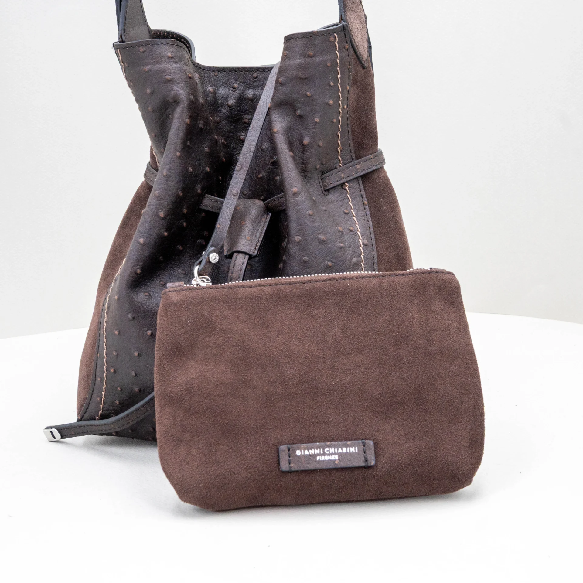 borsa donna secchiello in pelle e camoscio color marrone scuro