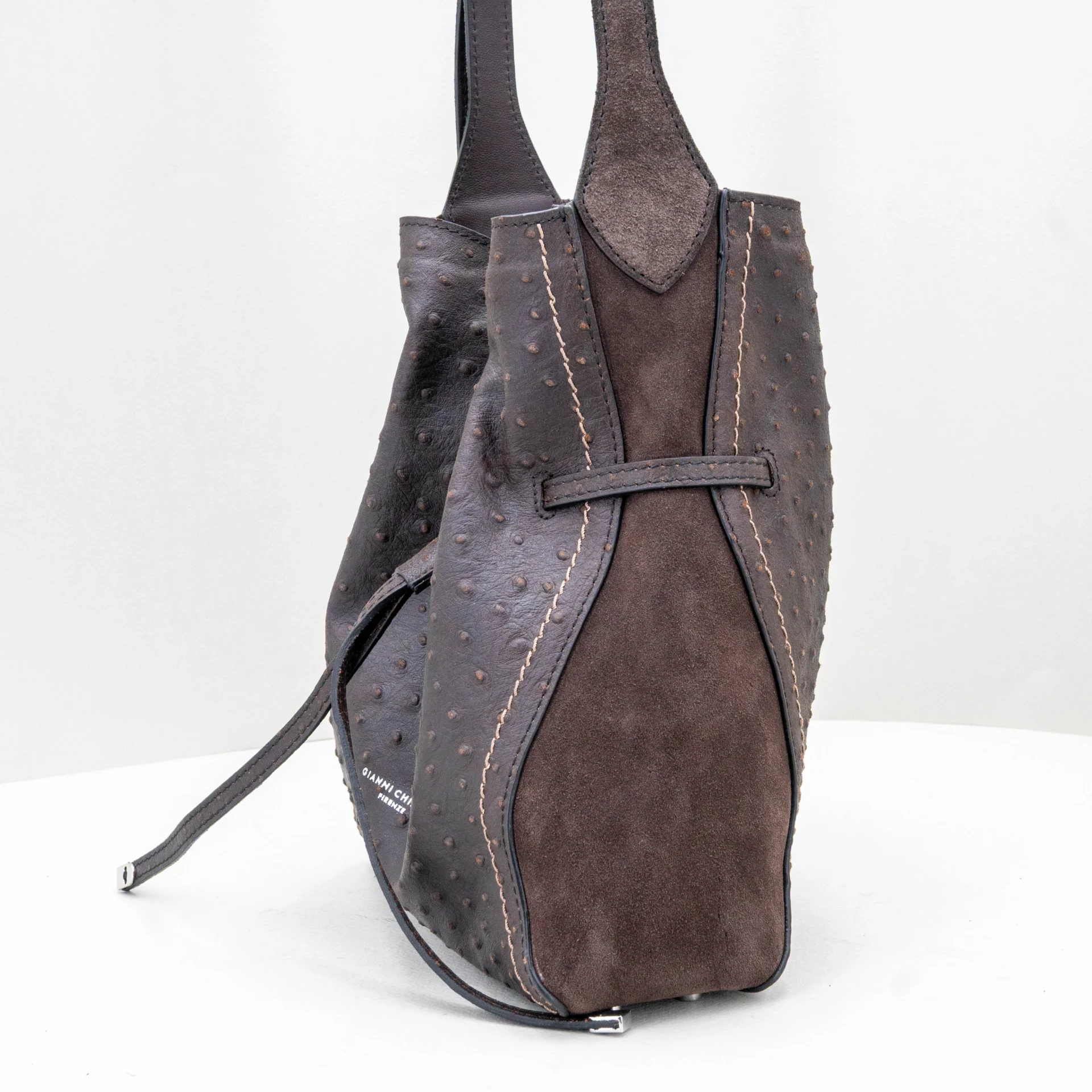 borsa donna secchiello in pelle e camoscio color marrone scuro