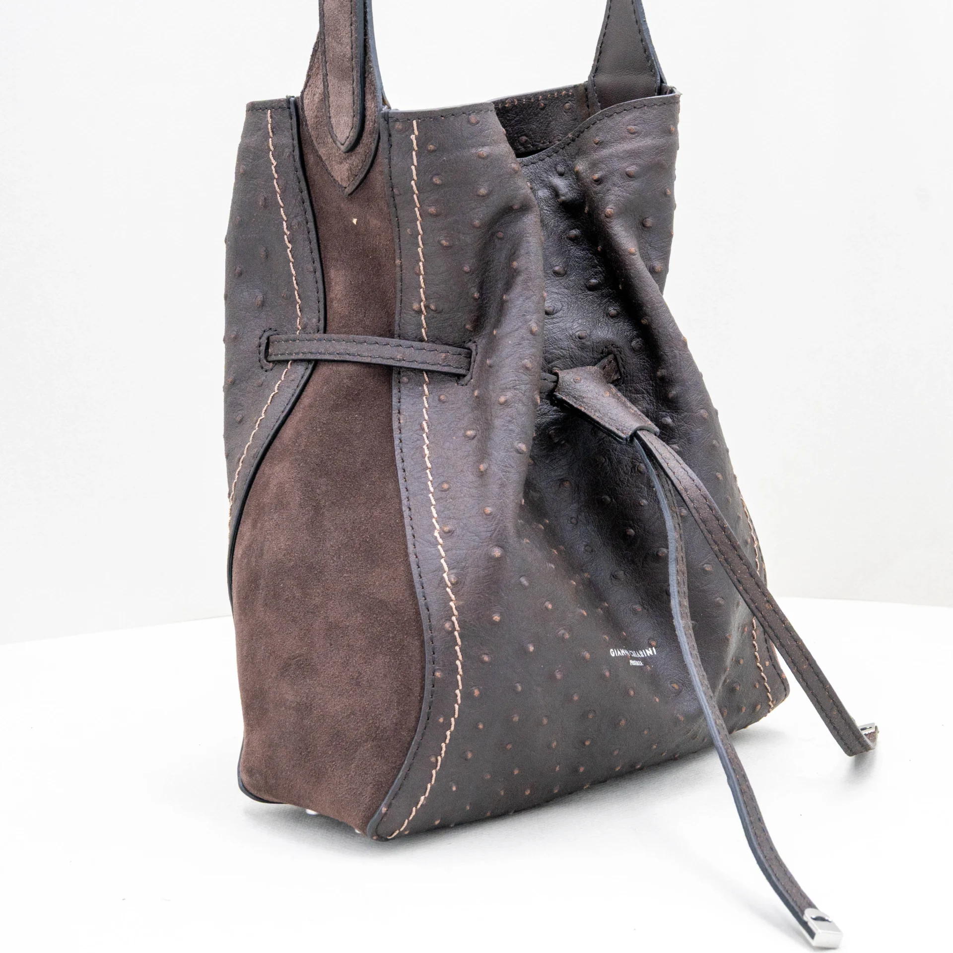 borsa donna secchiello in pelle e camoscio color marrone scuro