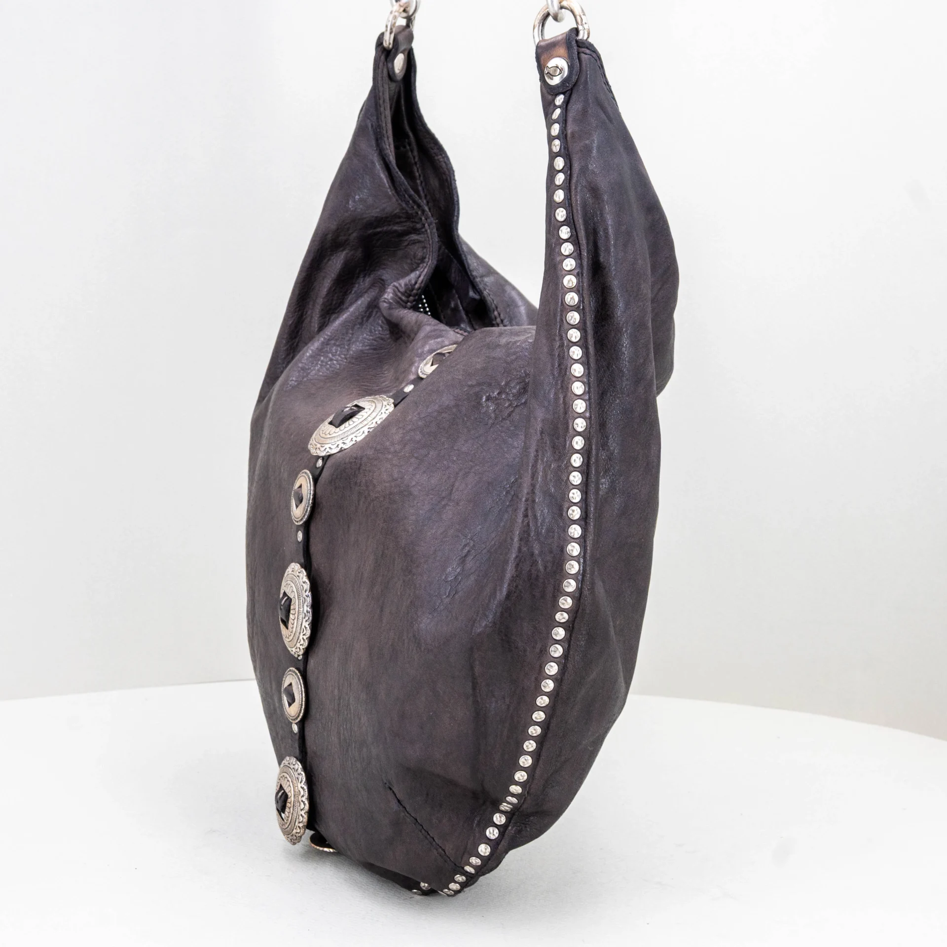 borsa a spalla con tracolla in vera pelle grigio scuro