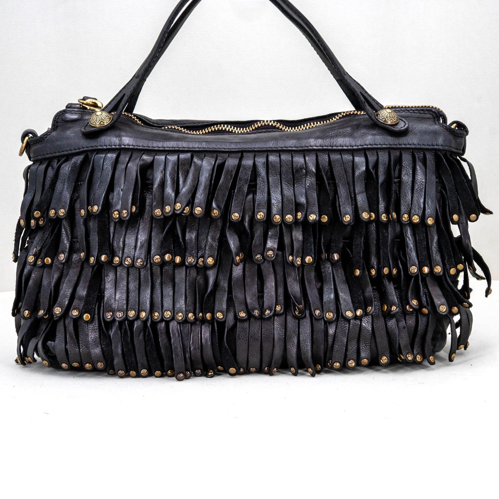 borsa tracolla con frange in pelle nera