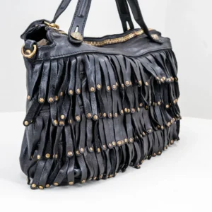 borsa tracolla con frange in pelle nera
