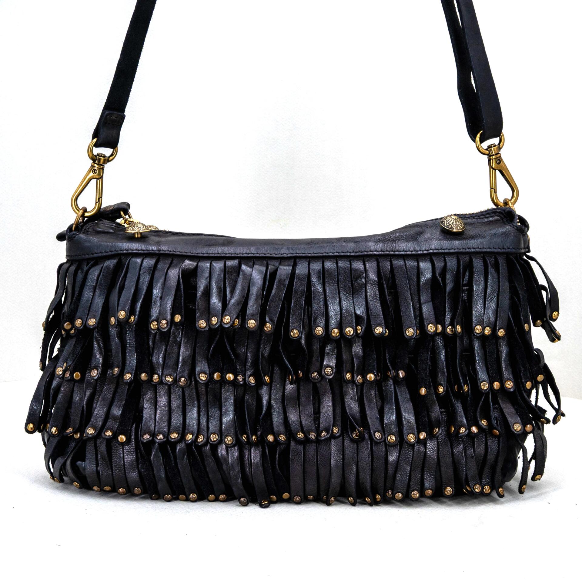 borsa tracolla con frange in pelle nera