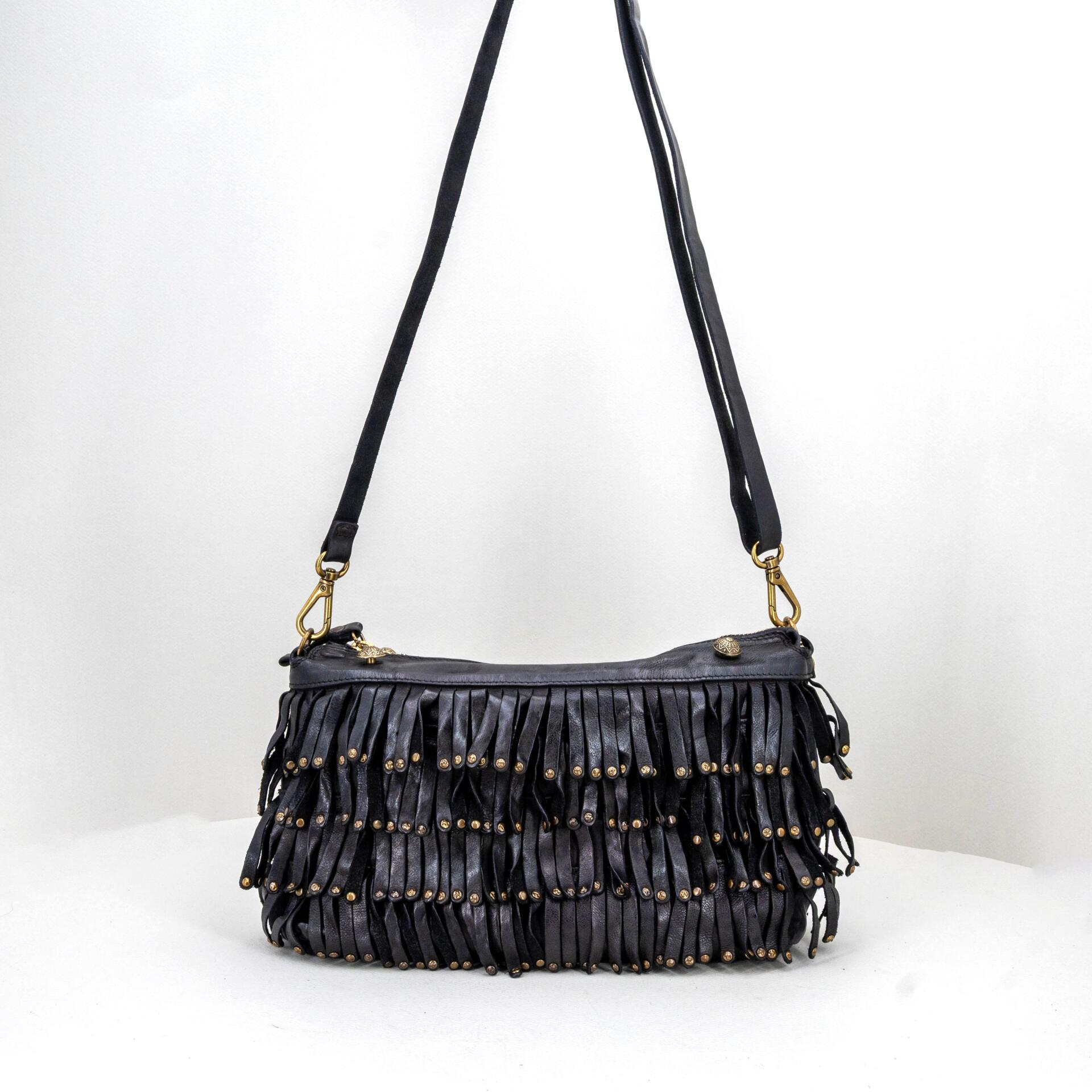borsa tracolla con frange in pelle nera
