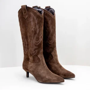 stivale texano donna in camoscio marrone chiaro con ricami